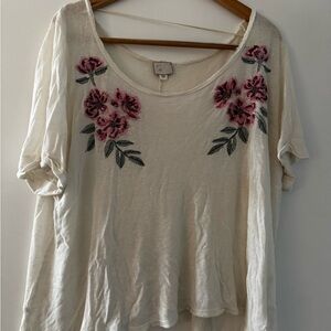 Anthropologie Cream Blouse with Pink Floral Embroidery
